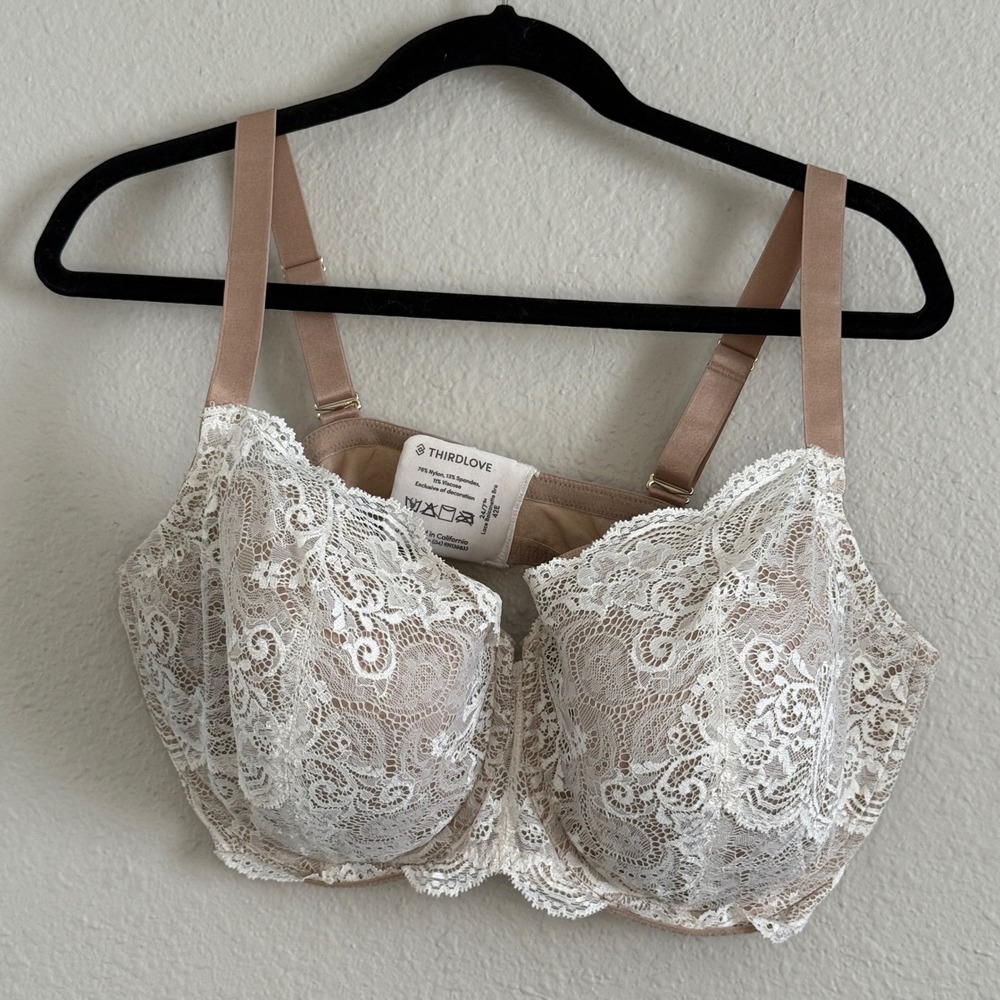 ThirdLove‎ 24/7 Lace Balconette Bra 42E White Nude Tan Underwire Everyday Basic